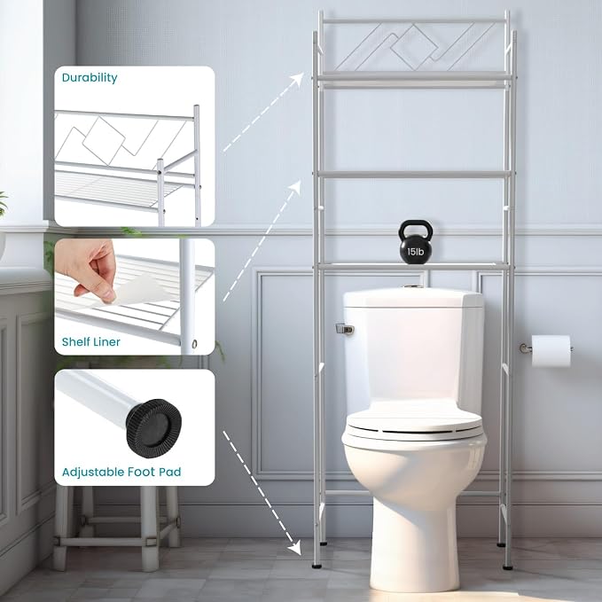 Home Zone Living Over-the-Toilet Bathroom Storage Organizer with 3-Tier Shelves and Adjustable Feet, Freestanding Steel Frame Design, White
