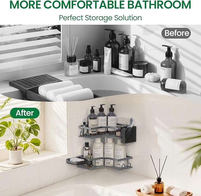 Adhesive Shower Caddy, 6 Pack Corner Bath Organizer, Rustproof Stainless Steel Shower Shelves with Large Capacity, No Drilling Shelves for Bathroom Storage, Home, Kitchen Decor (Dark Grey).