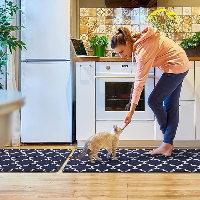 KMAT Kitchen Mat [2 PCS] Cushioned Anti-Fatigue Area Rug Sets, Waterproof Non-Slip Kitchen Mats and Rugs Heavy Duty PVC Ergonomic Comfort Foam Rug for Kitchen, Floor Home, Office, Sink,Blue