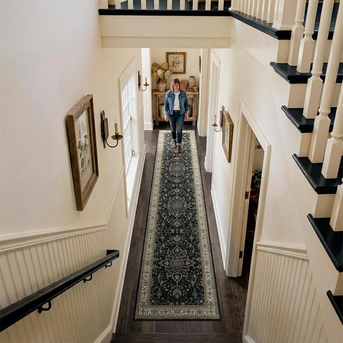 RELEANY Area Rugs Runner 2'x10' Washable Non-Slip, Floral Vintage Distress Medallion Carpet for Kitchen Hallway Bedroom Beside Laundry Room Bathroom, Vintage Black Brown Neutral