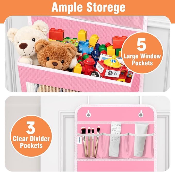 WISELIFE Over the Door Organizer - 6 Shelves Detachable Hanging Bedroom Storage Solution with 5 Large Pockets and 3 PVC Pockets for Dorm Bathroom, Pantry Nursery Baby Essentials (Pink)