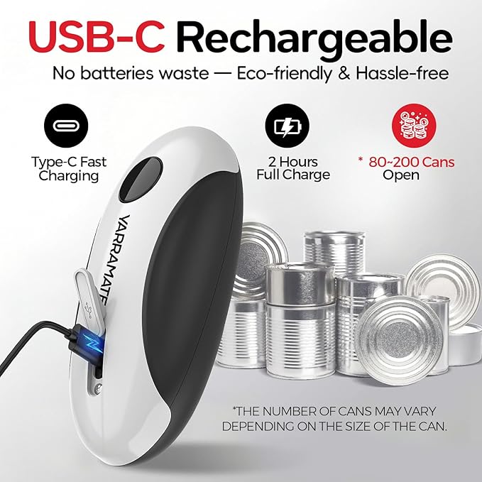 YARRAMATE Electric Can Opener, One Touch Rechargeable Automatic Can Openers for Kitchen Fits All Cans Sizes - Smooth Edge, Hands-Free for Seniors | With Storage Bag, Portable for Travel