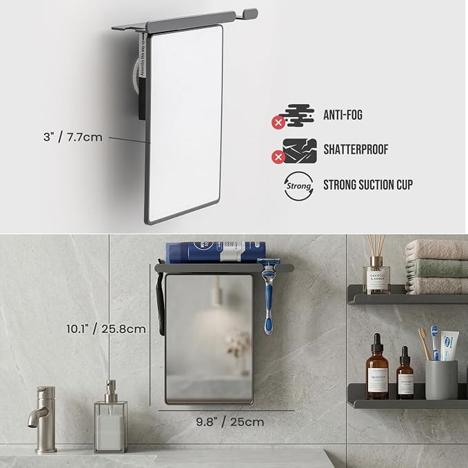 TAILI Shower Mirror Fogless for Shaving with Razor Holder, Anti-Fog with Powerful Suction Wall Mounted for Bathroom, Makeup Shave Mirror for Men & Women, Shatterproof & Removable, Grey