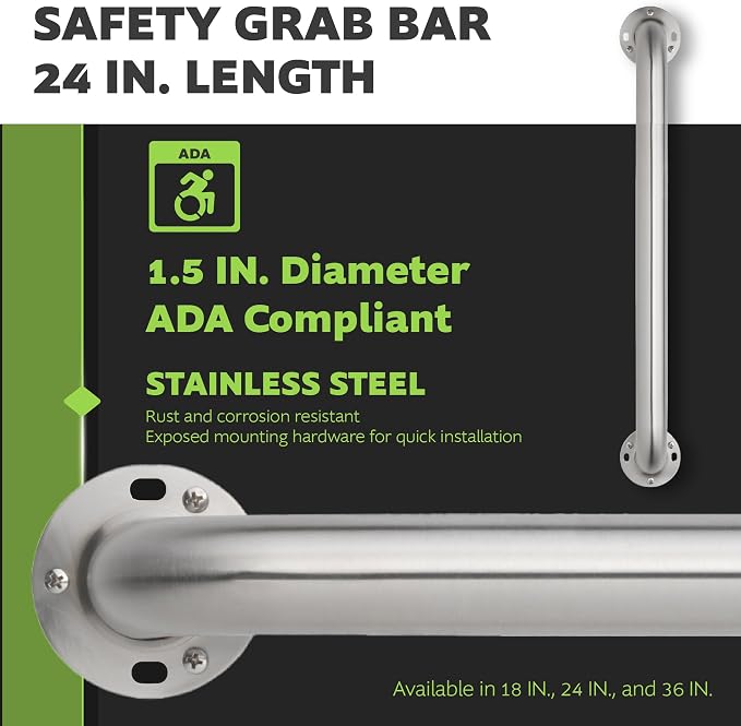 Homewerks 068 HW11224SS 24 Inch Bathroom Grab Bar with 1-1/2 Inch Diameter and Exposed Screws ADA Compliant - Brushed Stainless Steel
