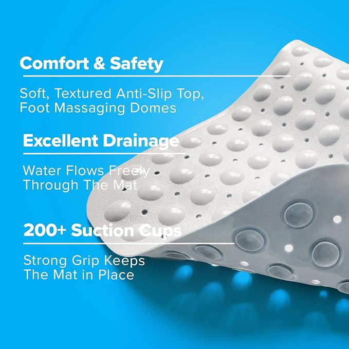 SlipX Solutions Power Grip Extra Long Bath Tub & Shower Mat 39x16, Wet Floor Non-Slip for Elderly & Kids Bathroom, 30% Longer Bathtub Mats, 200 Suction Cups, Drain Holes (White)