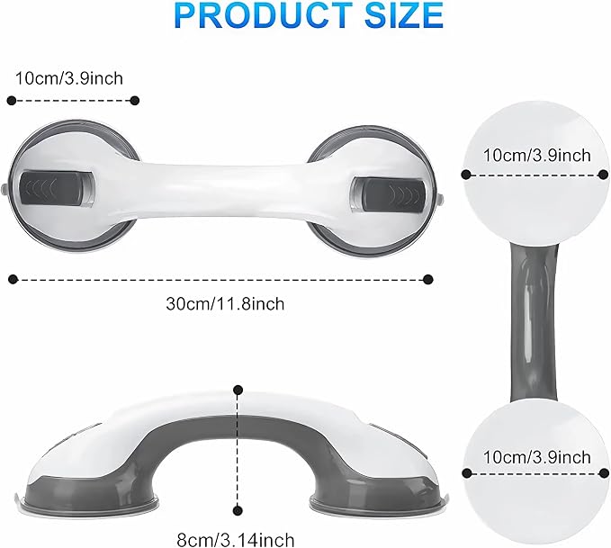 2 Pack Grab Bars for Shower and Bathtub - Heavy Duty Suction Shower Grab Bar for Seniors & Elderly - 12 Inch Suction Cup Safety Handle Removable Bath Handrails (No Drill Bathroom Safety Bars), Grey