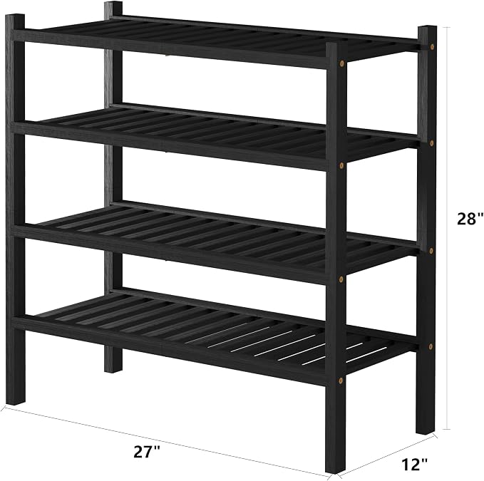 ROMGUAR CRAFT 4 Tier (Thick) Bamboo Shoe Rack for Closet Free Standing Wood Shoe Shelf for Entryway Small Space Stackable 27"x12"x28" (Blackl)