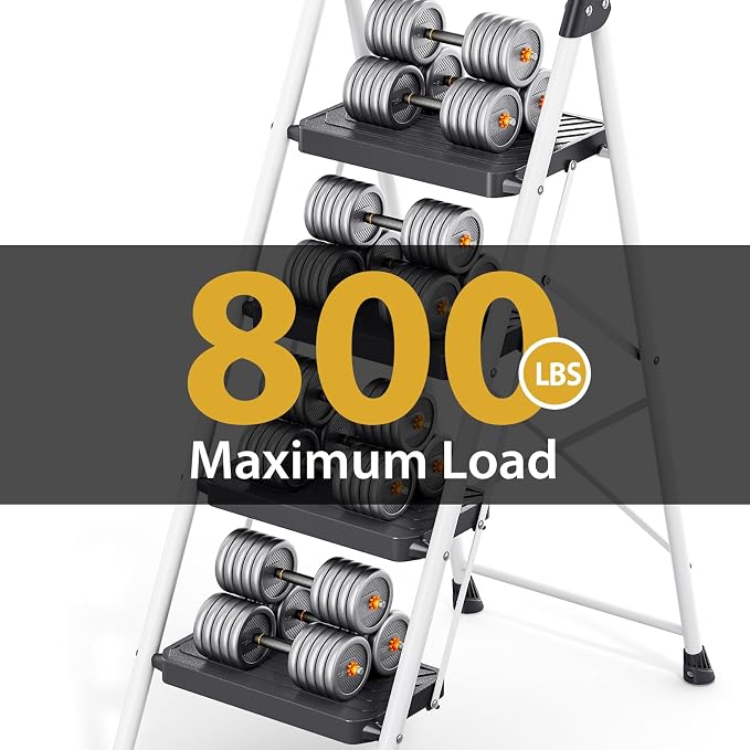 KINGRACK 4 Step Ladder, Folding Step Stool with Comfortable Handrail, Wide Anti-Slip Pedals & Safe-Lock Design, 800lbs Load Capacity, Sturdy Steel Portable Ladder, Perfect for Home and Kitchen, White