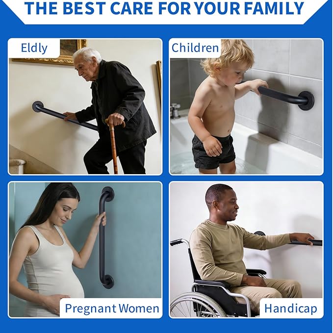 Anti-Slip Shower Grab Bar for Seniors Disabled,Bathroom Safety Bars for Wall Mount,High Load Capacity Toilet Grab Bars,Water-Resistant Shower Safety Bars for Elderly (Black Knurled, 12-inch Grab Bar)
