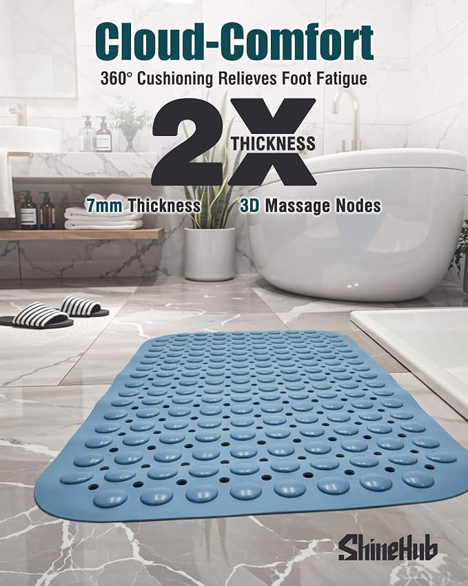 Non Slip TPE Bath Mat, Heavy Non Floating Shower Mat, 28x16, Blue | Strong grip, 166 suctions, 144 drains, 7mm extra-thick cushioned layer, washable, for bathroom shower tub floor