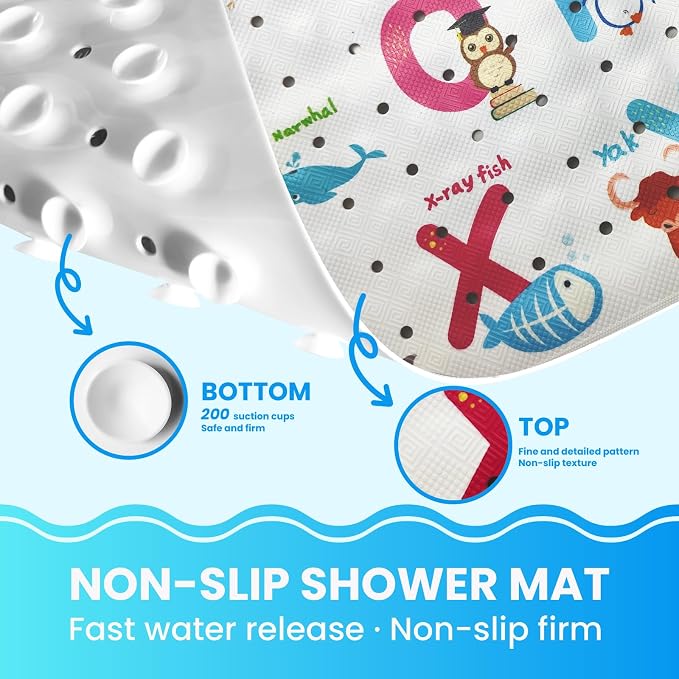 Baby Bath Tub Mat, Extra Large Non Slip Kids Cartoon Bathtub Shower Mats with Suction Cups & Drain Holes, Machine Washable for Bathroom, 40 x 16 Inch, Alphabet Animals Pattern
