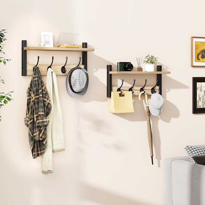 YMYNY 31.5" Coat Rack Wall Mount with Shelf, 2 in 1 Key and Coat Hanger with 8 Metal Hooks, Wall Shelf with Hooks & Mail Holder for Living Room, Bedroom, Light Natural, HWS001R-2