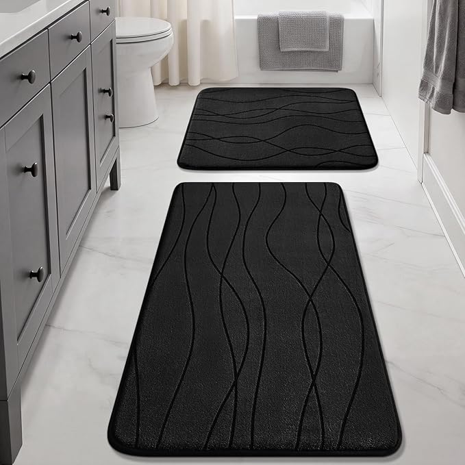 YIHOUSE Memory Foam Bathroom Rug Sets, Black, 17"x24"+20"x32", 2 Piece | Ultra Soft, Absorbent, Non-Slip, Machine Washable