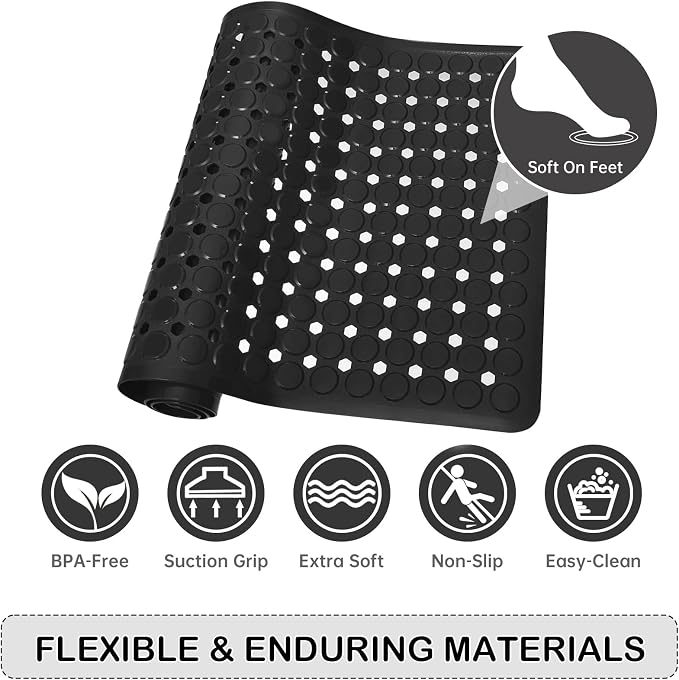 Non-Slip Bathtub and Shower Mats, Power Grip Bath Mat 35 x 16.3 Inch with Suction Cups and Drain Holes for Tub Bathroom Floor Safety, Machine Washable Soft Bathmat, Black