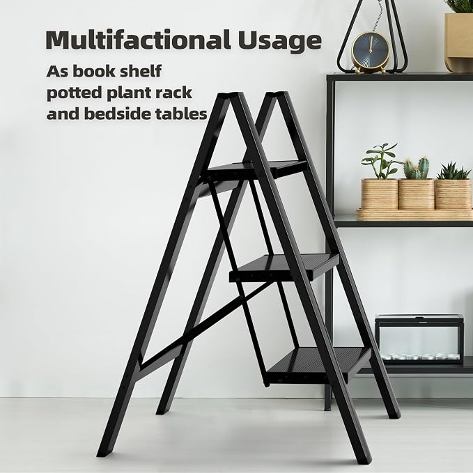 HillhutApex 3 Step Ladder, Lightweight Portable 3 Step Stool with Anti-Slip Wide Pedal, 330lbs Capacity Aluminum Ladder for Household,Office,Kitchen(Black)