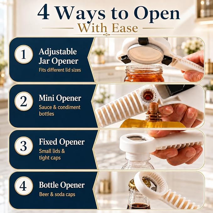 Jar Opener for Seniors with Arthritis, Easy Grip Adjustable Lid & Bottle Opener Set with Non-Slip Silicone Pad & Stainless Steel Hook, Grey