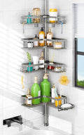 HAMITOR Shower Caddy Tension Pole: 4-Tier Corner Bathroom Organizer Shelf with Soap Holder & Hooks - No-Drill Adjustable Standing Storage Rack for Apartment Renters - 47-123 Inch Silver Gray