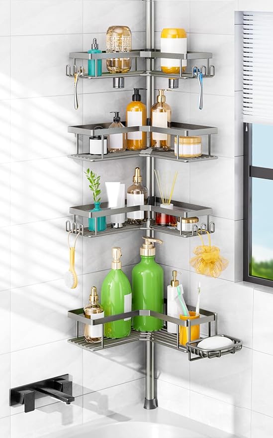 HAMITOR Shower Caddy Tension Pole: 4-Tier Corner Bathroom Organizer Shelf with Soap Holder & Hooks - No-Drill Adjustable Standing Storage Rack for Apartment Renters - 47-123 Inch Silver Gray