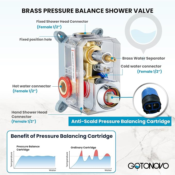 gotonovo Rainfall Bathroom Shower System Rain Shower Head and Handle Set Wall Mounted Shower Complete Combo Solid Brass Pressure Balancing Shower Mixer Valve 8 Inch Polished Chrome