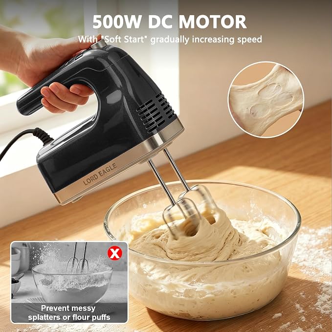 Lord Eagle 9-Speed Digital Hand Mixer Electric Handheld, 500W DC Motor Kitchen Mixer for Cake Baking, Lightweight Egg Beaters with Stain-resistant & Waterproof Storage Bag & 6 Accessories, Black