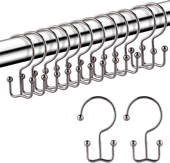 24 Pcs Shower Curtain Hooks, Goowin Shower Curtain Rings, Durable Rust Proof Black Shower Curtain Hooks, Shower Rings for Curtain, Double Glide Shower Hooks for Shower Curtain Rods, Bronze