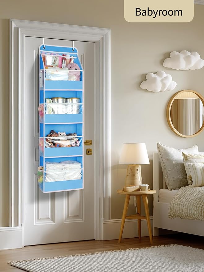 Yecaye 5 Tier Over the Door Organizer, Stuffed Animal Storage with Clear PVC Windows, Pink Room Decor for Dorm Essentials Bedroom Nursery Closet Laundry Pantry Bathroom, Soft Sky Blue