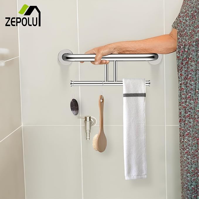 Polished Chrome Grab Bar for Bathroom 17 Inch, Zepolu Stainless Steel 2-in-1 Safety Handrail w/Double Toilet Paper Holder, Wall Mounted Balanced Support Bar Assist Handle for Senior Elderly Handicap