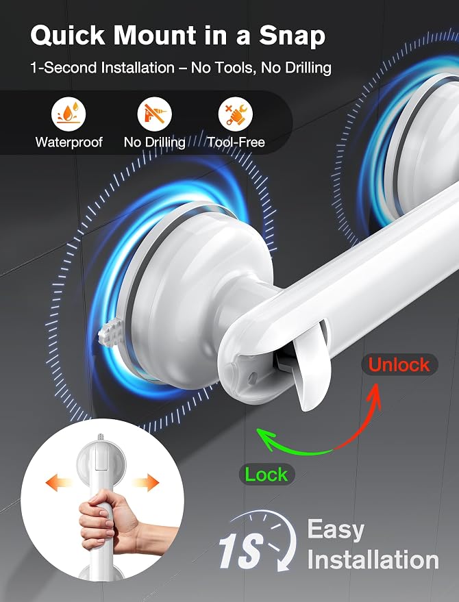 Grab Bars for Bathtubs and Showers, Shower Handles for the Elderly and People in Need, 2026 Upgraded Rubber Suction Cup with Maximum 350 lbs Suction Power, No Drilling-(White-1 Pack)