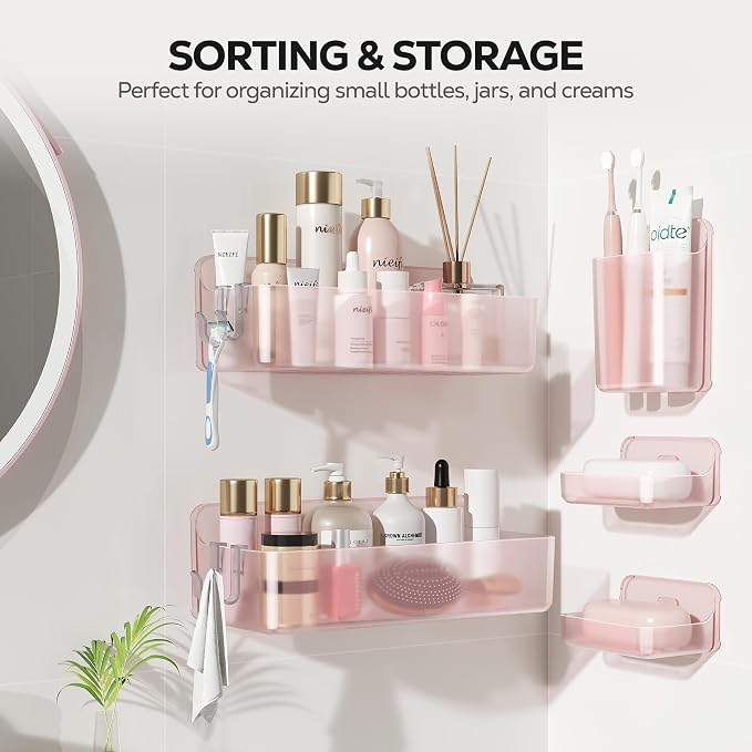 Nieifi Adhesive Wall Shelf, Shower Shelves, Shower Organizer for Bathroom Organization (Pink-Clear, 5 pieces)