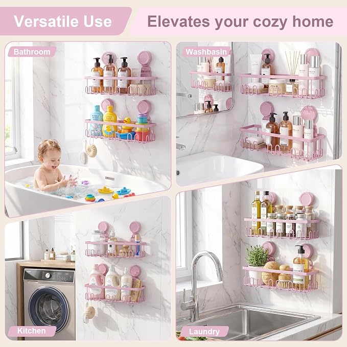 JOTPE Pink Shower Caddy Suction Cup 2 Pack with Hooks, No Drilling Shower Organizer for Bathroom with Large Capacity, Heavy Duty Suction Strong Hold, Waterproof & Rustproof Metal Storage Basket