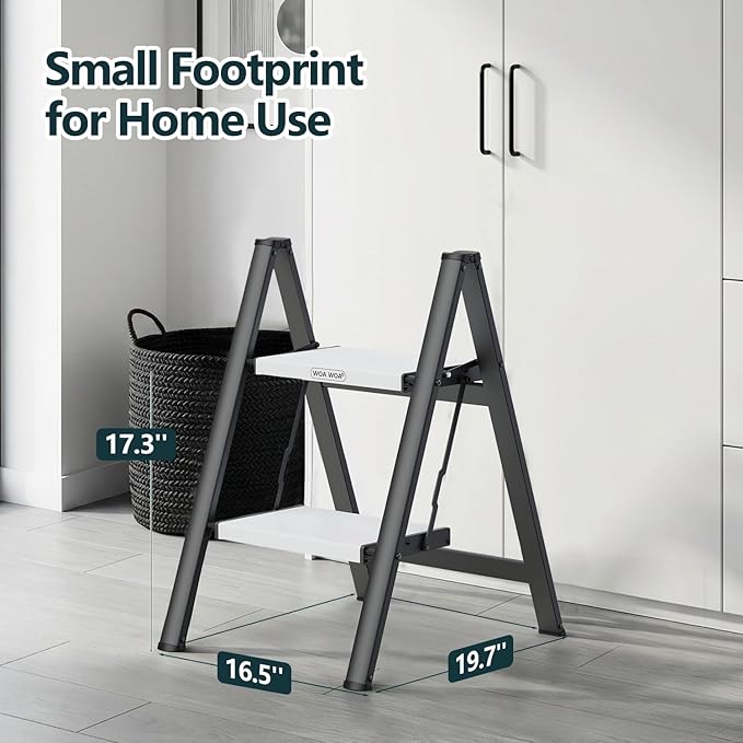 WOA WOA 2 Step Ladder, Folding Step Stool with Wide Non-Slip Aluminum Pedals, Stable and Portable, 330 lbs Capacity, for Home, Kitchen, Office - Black & White