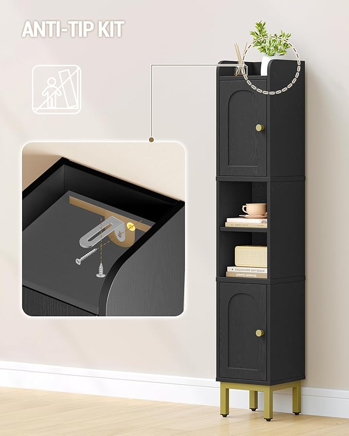 Hzuaneri Slim Bathroom Storage Cabinet, Narrow Bathroom Organizers and Storage with 4 Adjustable Feet, Laundry Room Organization for Small Space, Kitchen, Living Room, 2 Doors Black BC22404G