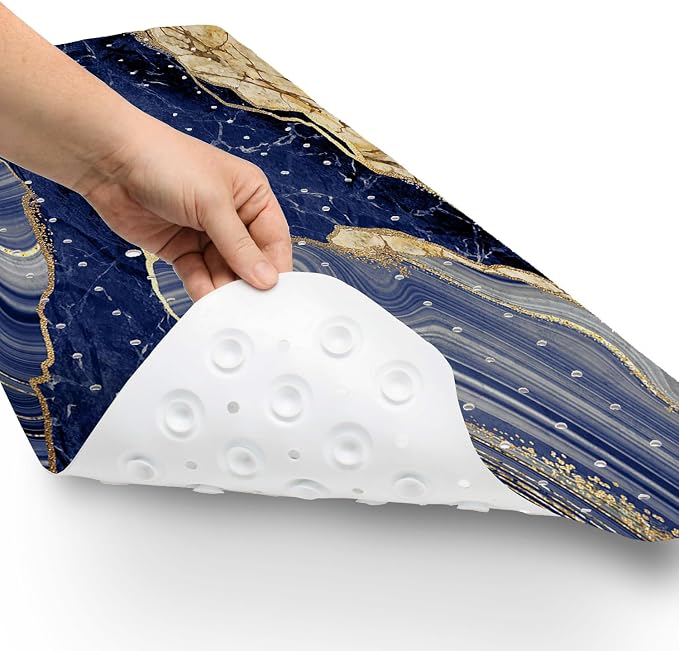 Bathtub Mat Non Slip, 40x16 inch Bath and Shower Safety Mats, Blue Marble and Golden Veins Tub Mat for Bathroom, Tub Shower Mat with Drain Holes and Suction Cups