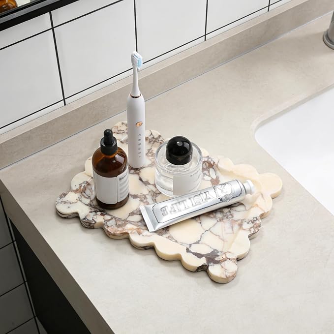 Koville Luxury Calacatta Viola Marble Tray, 11"x8" Scalloped Marble Vanity Tray for Countertop Bathroom Kitchen Dresser, Natural Stone Tray for Jewelry Perfume Home Decor, Decorative Catchall Tray