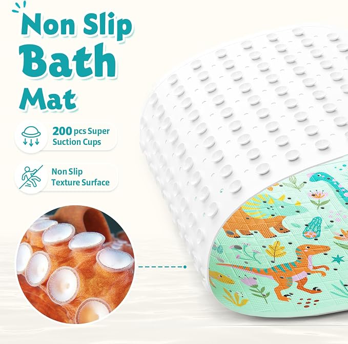 XIYUNTE Baby Bath Mat for Tub Non Slip Kids, BPA Free Extra Long Bathtub Mat 40x16 with Drain Holes and 200 Suction Cups, Non Toxic Machine Washable Toddler Bath Mat, Eco-Friendly Certified