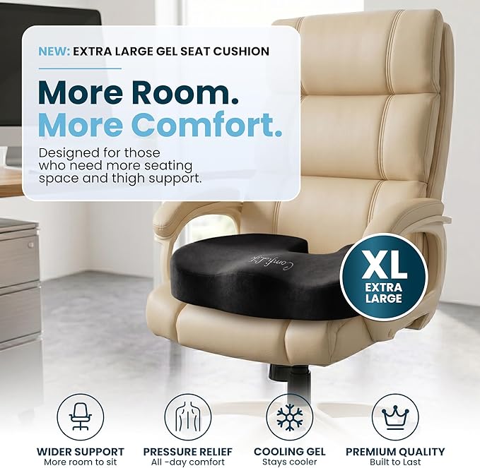 ComfiLife Extra Large Gel & Memory Foam Seat Cushion - Doctor Recommended Office Chair Cushion, Car Seat Cushion - Back & Sciatica Pain Relief - Wide Seat Cushion for Big & Tall (Black)