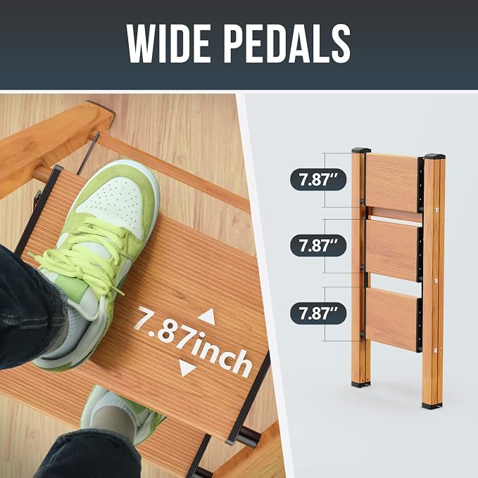 WOA WOA 3 Step Ladder, Foldable Step Stool, Aluminum Lightweight Ladder for Home Kitchen Closet, Anti-Slip Pedals, Ease of Folding, Portable, 300lbs Capacity - Wood Grain