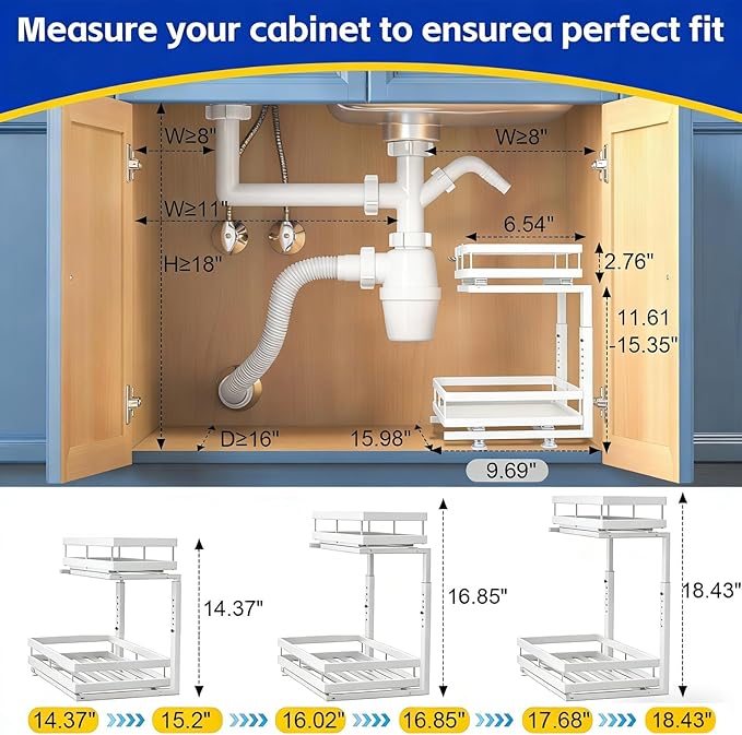 Under Sink Organizer, Dual-Rail Ball-Bearing, Under Kitchen Sink Organizer, 6-Level Adjustable, Under Cabinet Organizer, No-Drill Adhesive/Suction, Under Sink Storage (White, Double Layer - 1 Pack)