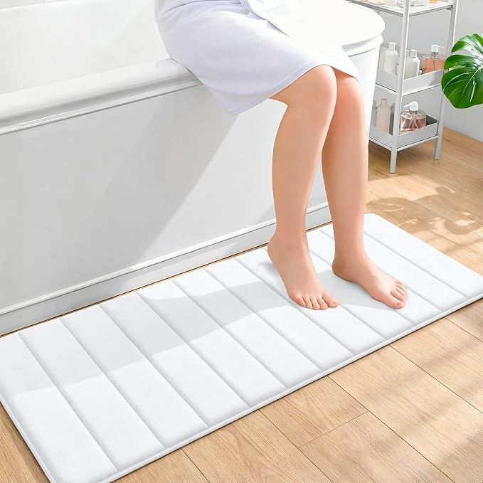 OLANLY Memory Foam Long Bathroom Rugs Runner 47x17, Super Soft Absorbent Bath Mat, Quick Dry, Machine Washable Shower Floor Rugs, Bathmat Carpet, Bathroom Home Decor Accessories, White