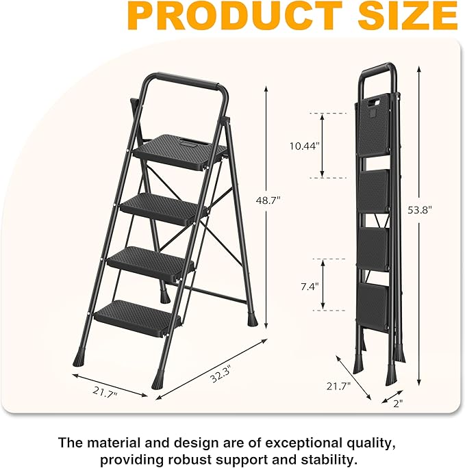 Step Ladder, Portable Steel Folding Step Stool with Wide Anti-Slip Pedal & Convenient Handgrip, Sturdy Steel Ladder, 4-Step, Black