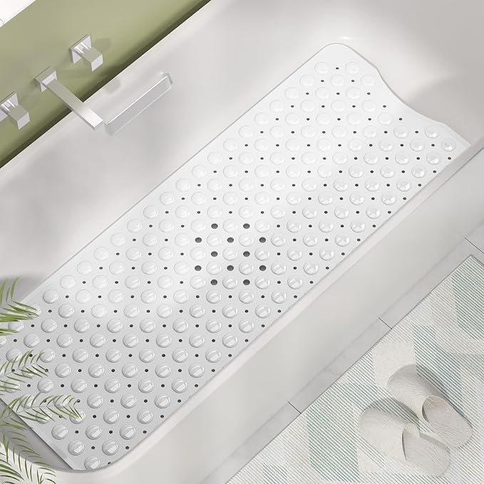 AmazerBath Shower Mat Non Slip 40 x 16 Inches, Shower Stall Mats with Suction Cups and Drain Holes, Non Slip Bath Mat for Tub for Elderly & Kids, White