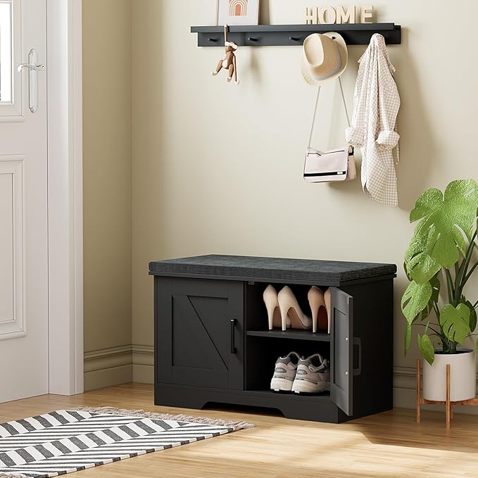 HOMSHO 2-Tier Storage Bench, 27.6" Wide Shoe Bench with Padded Seat Cushion, Entryway Bench with 2 Barn Doors and Adjustable Shelf, Black