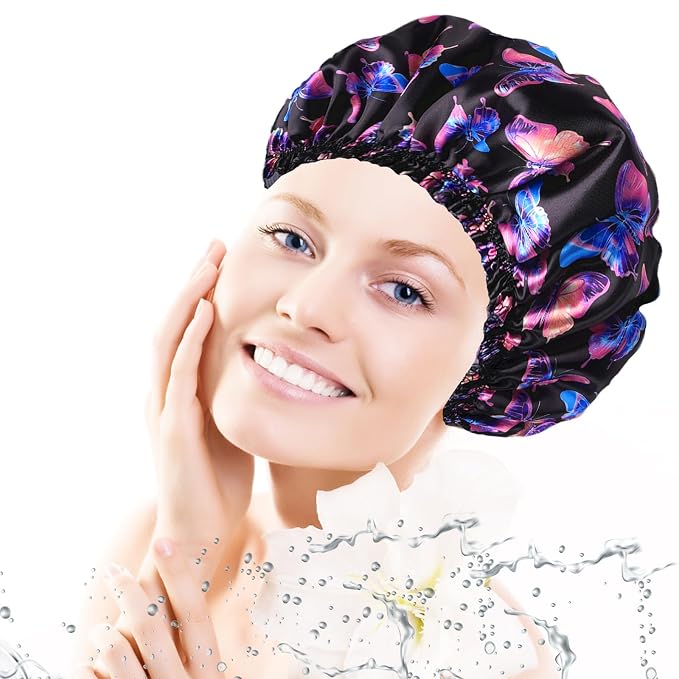 4 PCS Shower Cap for Women, Elastic and Reusable Bath Caps, Double Layers Shower Caps Reusable Waterproof, Bathing Shower Caps, Environmental Bath Hair Protection Cap - Butterfly A