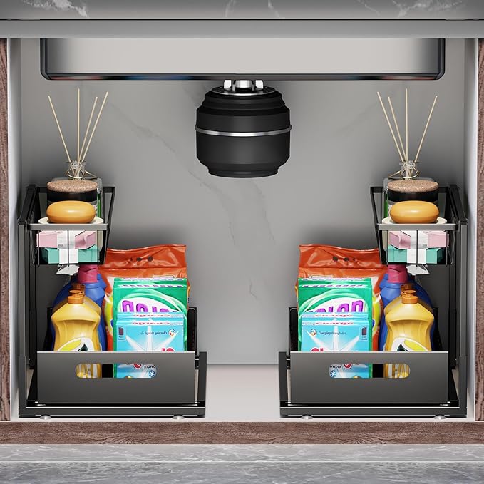 Ceetug Under Sink Organizers and Storage 2 Tier Slide Out Kitchen Cabinet Organizer Sturdy Metal Bathroom Storage (Black, 2 Pack)