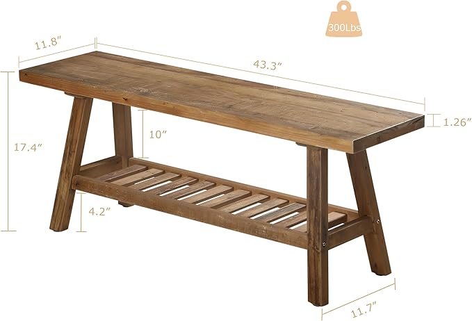 HOKYHOKY Reclaimed Solid Wood Bench-43.3" Farmhouse Entryway Bench with Storage Shelf, Narrow Rustic Bench for Hallway, Kitchen, Bedroom, Dining