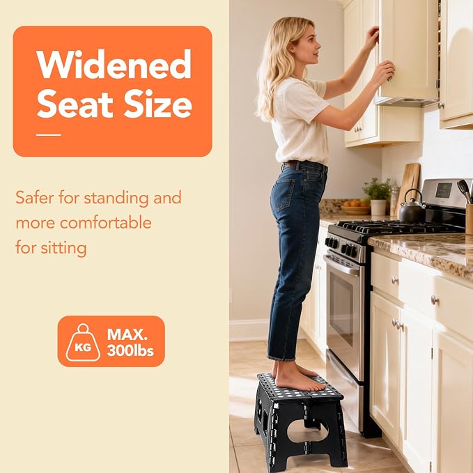 ACSTEP Foldable Step Stool for Kids and Adults,15-Inch Extra Wide 9-Inch Height (2 Pack) More Safe and Comfortable Holds Up to 300 lbs Folding Step Stool for Bathroom, Garden, Kitchen（Black）
