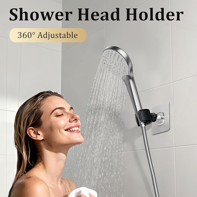 Adjustable Wall Mounted Shower Head Holder, Strong Adhesive & Drilling 2 Installation Methods, 360° Swivel Handheld Shower Wand Holder for RV Kids’ Bathroom Shower Accessories (Black