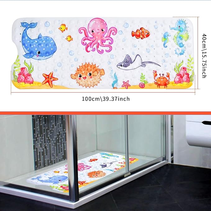 Secopad Bath Mat for Tub Non Slip, Machine Washable Anti-Slip Cartoon Baby Bathtub Shower Mat with Drain Holes and Suction Cups for Toddler & Kids, 40 Inch x 16 Inch-Rectangular, Pink Octopus