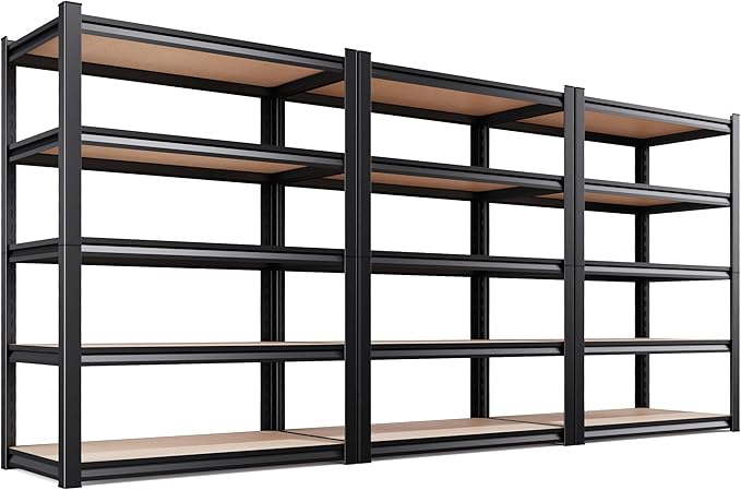 3-Pack Heavy Duty Garage Shelving for Garage, Warehouse & Workshop Organization, 71" H x 45.6" W x 17.7" D 5-Tier Adjustable Metal Storage Rack for Tools, Storage Bins & Bulk Items