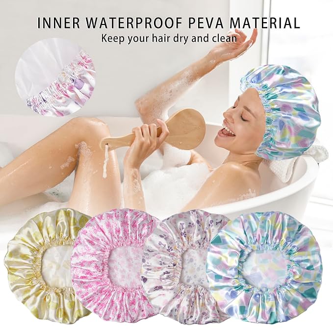 Shower Caps for Women, 4 PCS Elastic and Reusable Bath Caps, Double Layers Shower Cap Reusable Waterproof, Bathing Shower Caps, Environmental Bath Hair Protection Cap - Bow